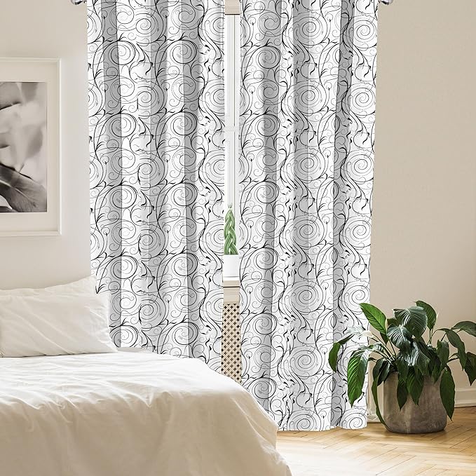 Ambesonne Black and White Curtains, Scribble Swirling Motifs Spiral Floral Stems Modern Abstract Scroll, Window Treatments 2 Panel Set for Living Room Bedroom, Pair of - 28" x 63", White Charcoal Grey