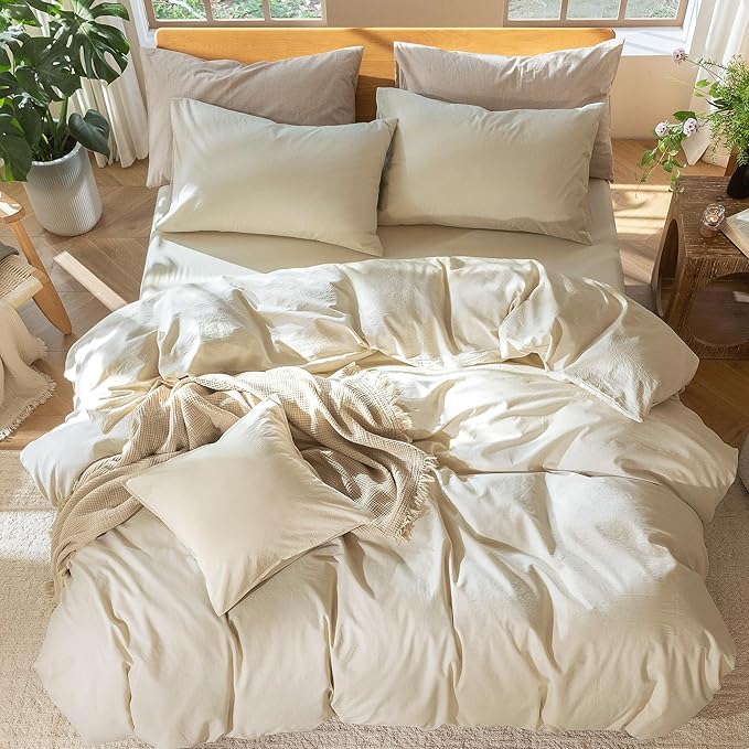 MooMee Bedding Duvet Cover Set 100% Washed Cotton Linen Like Textured Breathable Durable Soft Comfy (Heathered Almond Milk Grey, Super King Plus 120"x120")