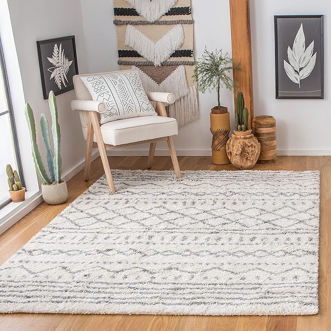 SAFAVIEH Arizona Shag Collection Area Rug - 6'7" Square, Ivory & Grey, Moroccan Design, Non-Shedding & Easy Care, 1.6-inch Thick Ideal for High Traffic Areas in Living Room, Bedroom (ASG741F)