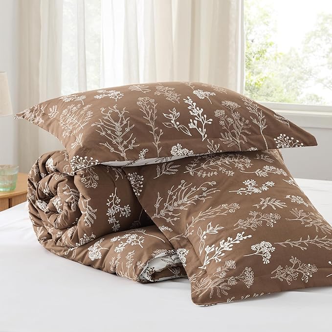 Bedsure Twin/Twin XL Comforter Set - Brown Bed Set, 2 Pieces Cute Floral Bedding, 1 Soft Reversible Botanical Flowers Comforter and 1 Pillow Shams