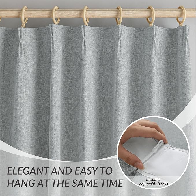 KangBang Linen Pinch Pleated Blackout Curtains, Pleated Drapes with Hooks 84 Inch Long 2 Panels Set, Faux Linen Black Out Curtains for Bedroom Living Room, 42" W x 84" L, Fog Grey