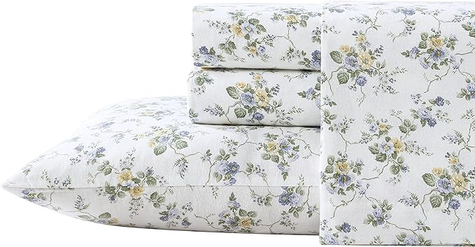 Laura Ashley - Flannel Sheets Queen Size, Anti-Pilling & Wrinkle Resistant Cotton, Touchably Soft for All-Season Comfort - Bed Sheets with Matching Pillowcases & Fitted Sheet (Le Fleur Cottage Blue)