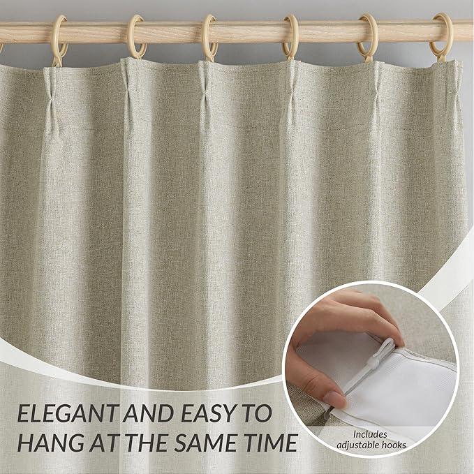 KangBang 100% Blackout Pinch Pleated Curtains 108 Inches Long, Linen Blend Pinch Pleated Window Drapes with Hooks, Track System Curtain Panels for Sliding Door Modern Farmhouse,60x108, Linen,2 PCs