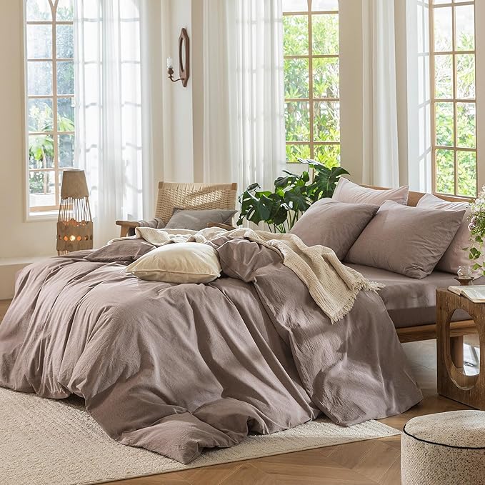 MooMee Bedding Duvet Cover Set 100% Washed Cotton Linen Like Textured Breathable Durable Soft Comfy (Heathered Mauve Brown, Palatial King/Oversized King 120"x98")