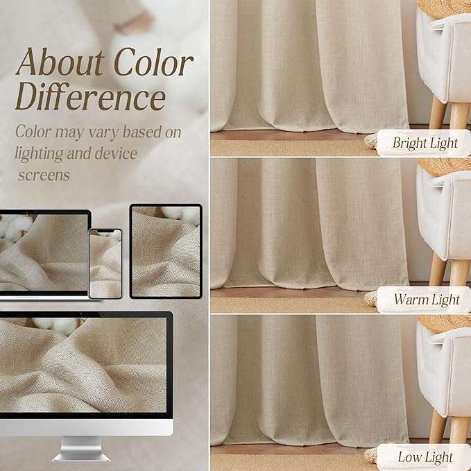 RYB HOME Extra Wide Linen Curtains Semi Sheer - Light Filtering with Vertical Weave Natural Breathable Fabric for Living Room Bedroom Farmhouse Window Treatments, Beige, W 100 x L 90, 1 Pc