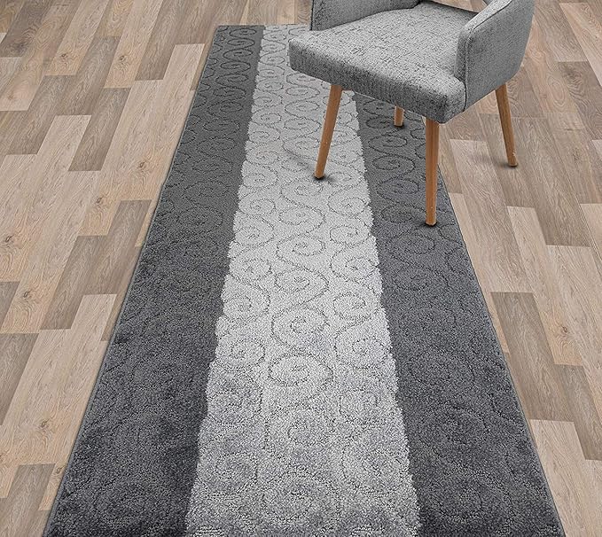 Custom Size Modern Runner Rug Carpet for Hallway Entryway Foyer Kitchen, Slip Resistant Latex Rubber Backed 31 inch Wide X Customized Length, Scroll Grey, 31 inch X 5 feet