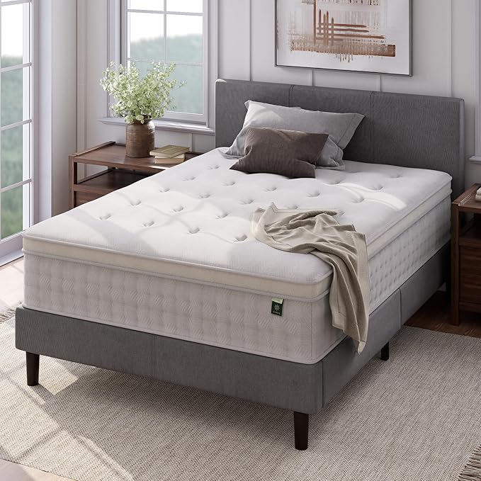 ZINUS 13 Inch Euro Top Pocket Spring Hybrid Mattress, Queen, Pressure Relief, Pocket Innersprings for Motion Isolation, Mattress in A Box