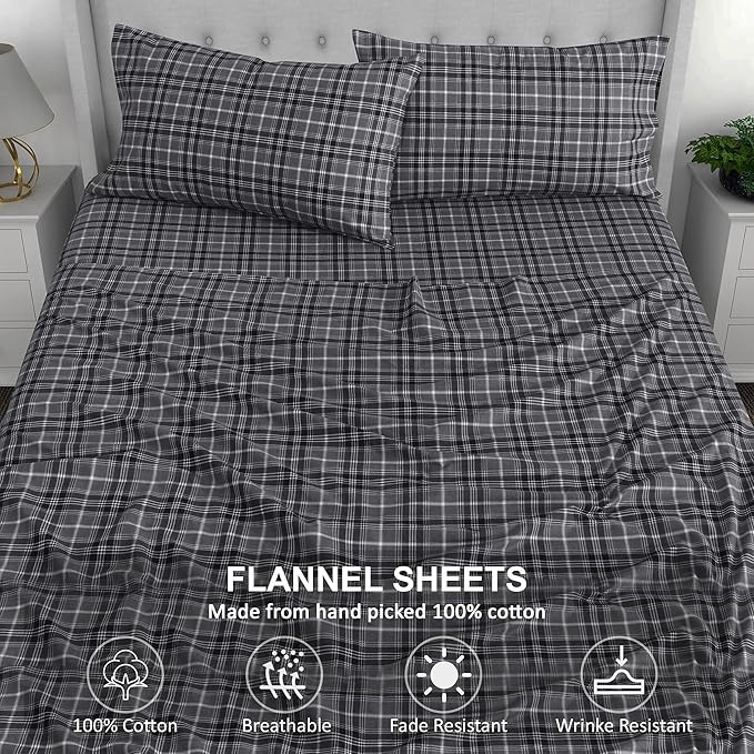 RUVANTI Flannel Sheets Full Size - 100% Cotton Double Brushed Bed Sheets Set, Deep Pockets 16 Inches, All Seasons Breathable & Extra Soft Full Sheets, Warm & Cozy, 4 Piece, Grey Plaid
