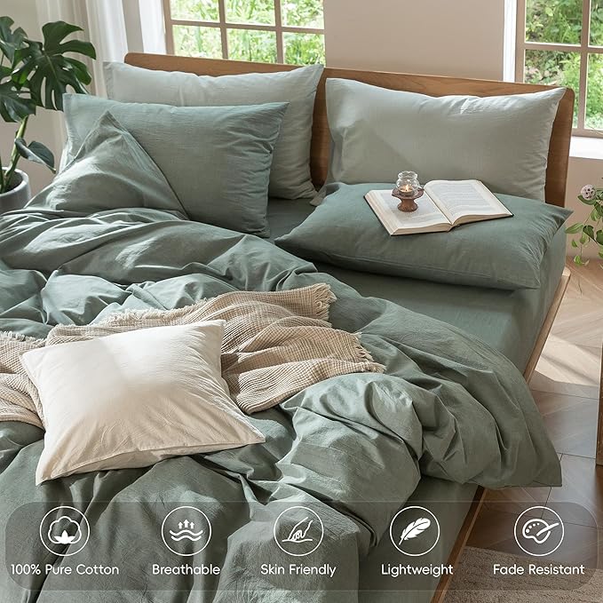 MooMee Bedding Duvet Cover Set 100% Washed Cotton Linen Like Textured Breathable Durable Soft Comfy (Heathered Green, Queen 90"x90")