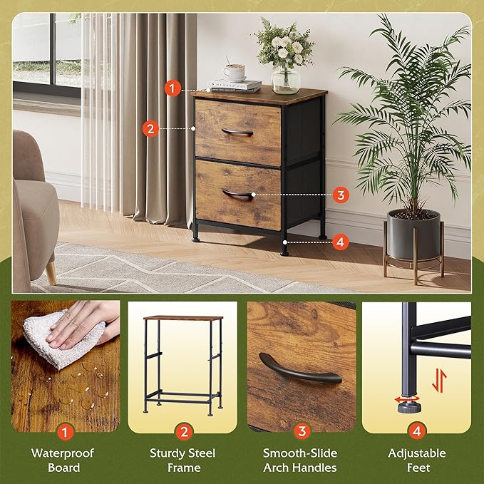 WLIVE Night Stand, Small 2 Drawer Dresser, Nightstand with Fabric Bins for Bedroom, Closet, Dorm, Rustic Brown Wood Grain Print, 11.8" D x 15.7" W x 20.9" H