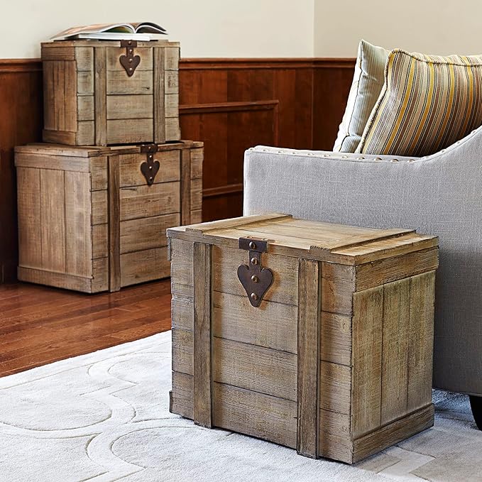 Household Essentials White Washed Rustic Decorative Wooden Trunk, Medium