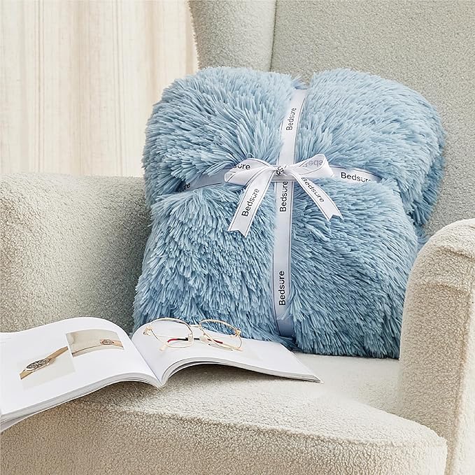 Bedsure GentleSoft Fluffy Light Blue King Size Blanket for Bed, Thick Soft Sherpa Faux Fur Fleece Bedding Fuzzy Plush Winter Warm Heavy Big Large King Blanket, Cozy Blue Gifts for Men Women, 108x90