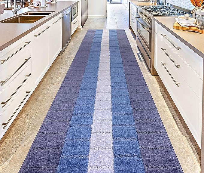 Custom Size Coastal Nautical Style Runner Rug Carpet for Hallway Entryway, Slip Resistant Latex Rubber Backed, 31 inch Wide X Customized Length, Squares Blue, 31 inch X 9 feet