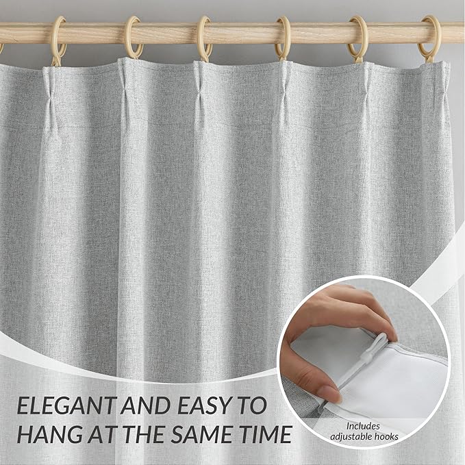 KangBang Grey Black Out Linen Curtains 96 Inches Long, Pinch Pleated Blackout Drapes for Living Room Office with Hooks Track System, Aesthetic Boho Vertical Home Decor(2 Panels,42Wx96L, Light Grey)