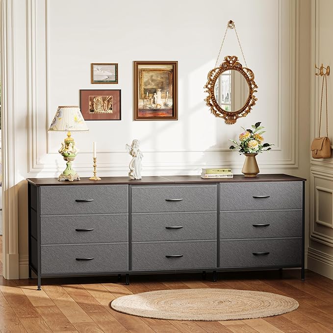 Huuger 63 Inch Dresser for Bedroom, Dresser for Closet with 9 Drawers, Large TV Stand for 55, 65, 70 Inch TV, Entertainment Center with Storage, Wide Long Chest of Drawers, Walnut and Dark Grey