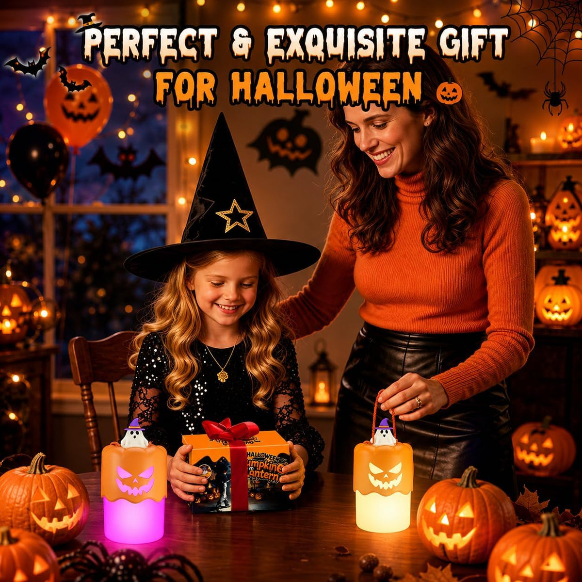 Rechargeable Halloween Pumpkin Lantern Light Collapsible Jack O Lantern 2 Pack | Witch Orange