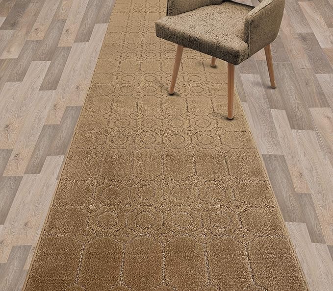 Custom Size Modern Abstract Floor Carpet Runner Rug for Hallways, Slip Resistant Latex Rubber Backed, 31 inch Wide X Customized Length, Art Gold Tan, 31 inch X 19 feet