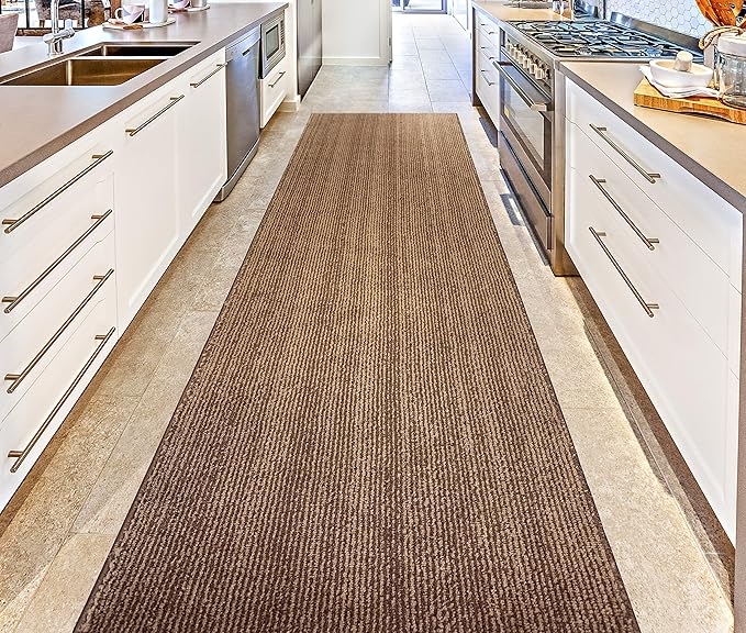 Custom Length Cut to Size Wide Width Carpet Runner Rug for Hallways, Slip Resistant Latex Rubber Backed, 31 inch Wide X Customized Length, Stripe Brown, 31 inch X 15 feet