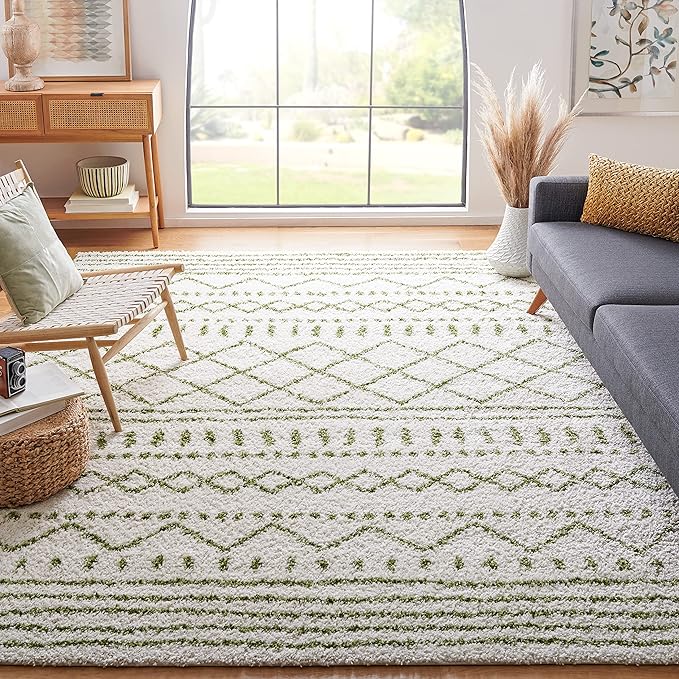 SAFAVIEH Arizona Shag Collection Area Rug - 6'7" Square, Ivory & Green, Moroccan Design, Non-Shedding & Easy Care, 1.6-inch Thick Ideal for High Traffic Areas in Living Room, Bedroom (ASG741Y)