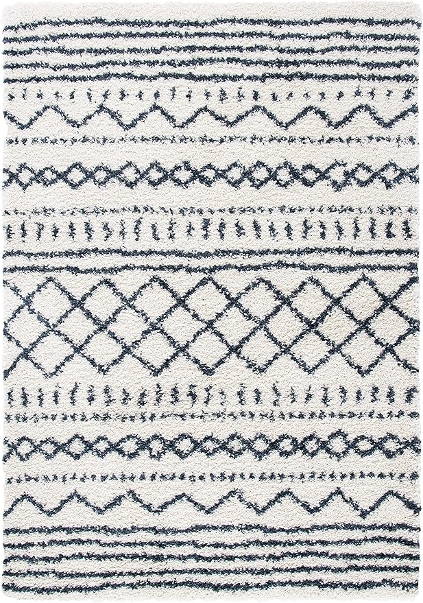 SAFAVIEH Arizona Shag Collection Area Rug - 5'1" x 7'6", Ivory & Slate, Moroccan Design, Non-Shedding & Easy Care, 1.6-inch Thick Ideal for High Traffic Areas in Living Room, Bedroom (ASG741M)
