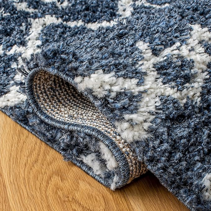 SAFAVIEH Arizona Shag Collection Area Rug - 3'2" Round, Slate Blue & Ivory, Moroccan Design, 1.6-inch Thick, Non-Shedding, Ideal for High Traffic Areas in Living Room, Bedroom, Dining (ASG741L-3R)