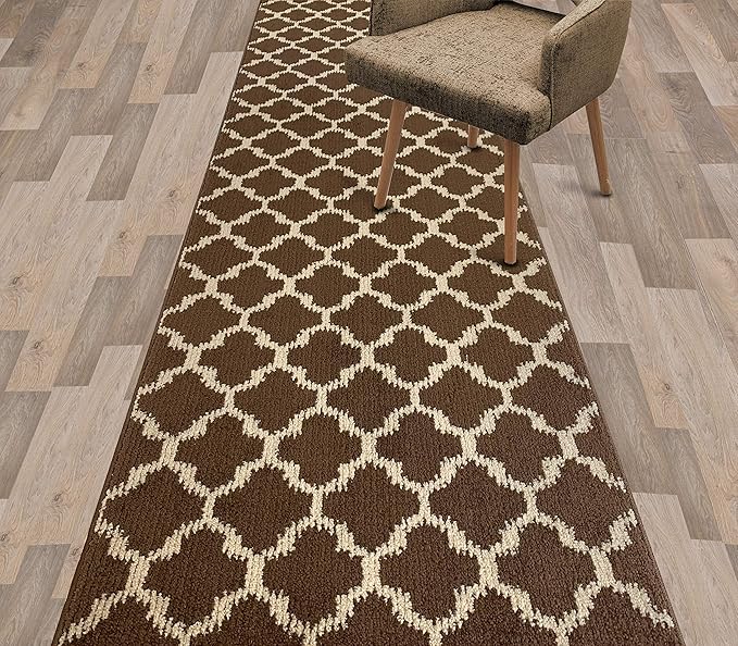 Custom Size Cut to Length Moroccan Trellis Design Runner Rug Mat For Wide Long Hallways with Non-Slip Rubber Backing, Better Traction for Pets, Prevent Slippage, Trellis Brown, 31 inch X 19 feet