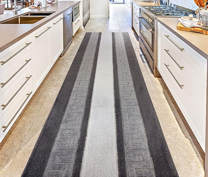 Custom Length Cut to Size Ancient Latin Hellenic Motif Carpet Runner Rug for Hallways, Non Slip Rubber Backed, 31 inch Wide X Customized Length, Greek Key Grey, 31 inch X 15 feet