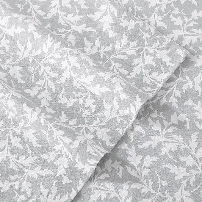 Laura Ashley - Flannel Sheets King Size, Anti-Pilling & Wrinkle Resistant Cotton, Touchably Soft for All-Season Comfort - Bed Sheets with Matching Pillowcases & Fitted Sheet (Crestwood Pastel Grey)