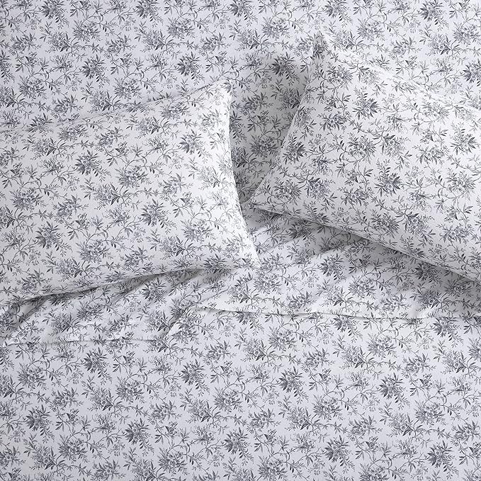 Laura Ashley - Flannel Sheets Queen Size, Anti-Pilling & Wrinkle Resistant Cotton, Touchably Soft for All-Season Comfort - Bed Sheets with Matching Pillowcases & Fitted Sheet (Faye Toile Black)