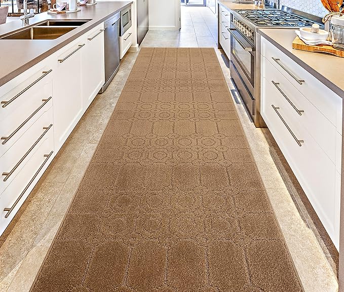 Custom Size Modern Abstract Floor Carpet Runner Rug for Hallways, Slip Resistant Latex Rubber Backed, 31 inch Wide X Customized Length, Art Gold Tan, 31 inch X 14 feet