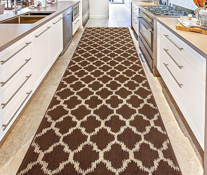 Custom Size Cut to Length Moroccan Trellis Design Runner Rug Mat For Wide Long Hallways with Non-Slip Rubber Backing, Better Traction for Pets, Prevent Slippage, Trellis Brown, 31 inch X 11 feet